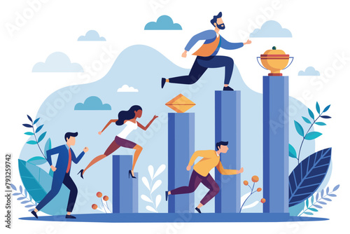 Group of People Running Up a Bar Graph, People run to their goal on the column of columns, move up motivation, Demonstrating finance growth, Simple and minimalist flat Vector Illustration