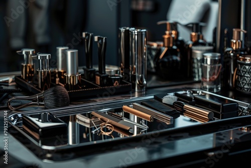 Close up of makeup brushes on a mirror, perfect for beauty and cosmetics concepts