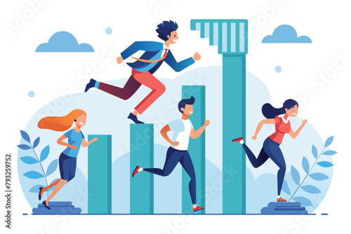 People Running Up a Bar Chart, People run to their goal on the column of columns, move up motivation, Demonstrating finance growth, Simple and minimalist flat Vector Illustration