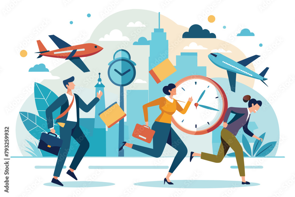 Group of diverse individuals in motion towards a prominent clock in a bustling city setting, People run with time and airplanes trending, Simple and minimalist flat Vector Illustration Group of diverse individuals in motion towards a prominent clock in a bustling city setting, People run with time and airplanes trending, Simple and minimalist flat Vector Illustration