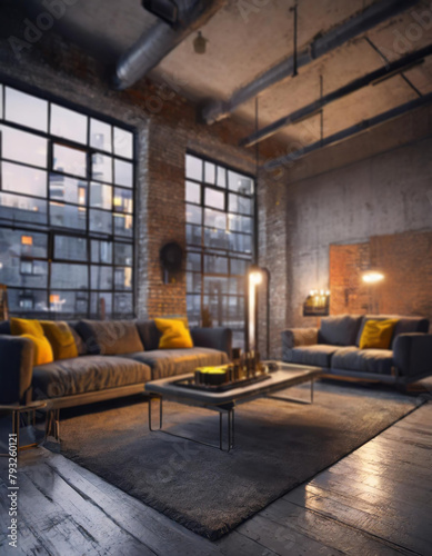 Slightly blurred modern living room with brick walls  yellow pillows  and a view of the city through a large window  background