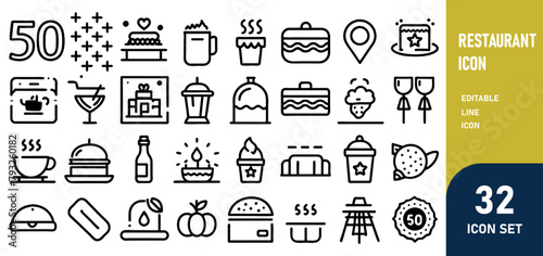 Restaurant Line Editable Icons set. Vector illustration in modern thin line style of public catering related icons menu categories, table reservations, food and drinks, and more
