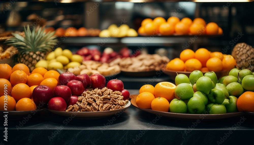 The countertop displays bowls of fresh fruits and nuts, including apples, oranges, and walnuts, inviting exploration of this colorful, nutritious feast.