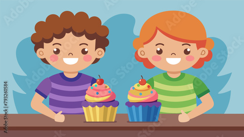 Two siblings proudly show off their meticulously decorated cupcakes adorned with rainbow sprinkles and frosting swirls on a special table set up