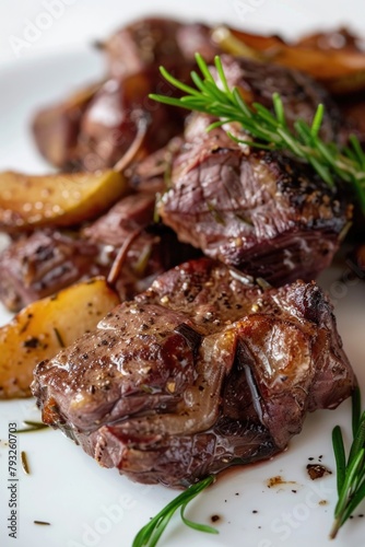 A white plate with a delicious serving of meat and potatoes. Perfect for food-related projects