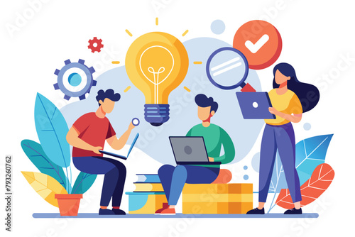 Group of People Collaborating on Laptop, People searching for new ideas solutions, brainstorming, Simple and minimalist flat Vector Illustration