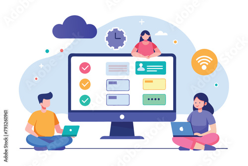 Three People Analyzing Cloud Disk Data, people show problems in the cloud disk online database and information on the monitor screen, Simple and minimalist flat Vector Illustration