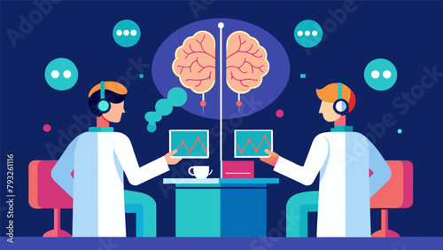 In a laboratory setting two scientists are conducting an experiment on braintobrain communication. They analyze data on computers as they watch two.