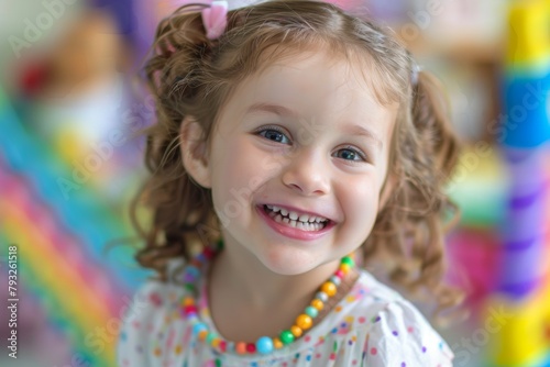 Happy toddler with braces on her teeth flashing a big smile for the camera