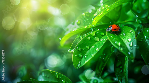 Ladybug on green leaves with morning dew, copy space. © Olga Gubskaya
