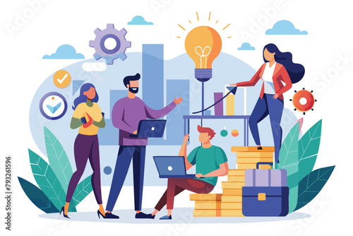 Group of People Standing Around Pile of Money, People starting a business project concept, Simple and minimalist flat Vector Illustration