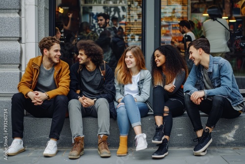 Group of young people sitting in a row on the street and smiling