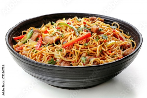 A delicious bowl of noodles with meat and vegetables. Ideal for food blogs or restaurant menus