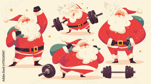 Vector funny and cute Santa Claus set does gym exer