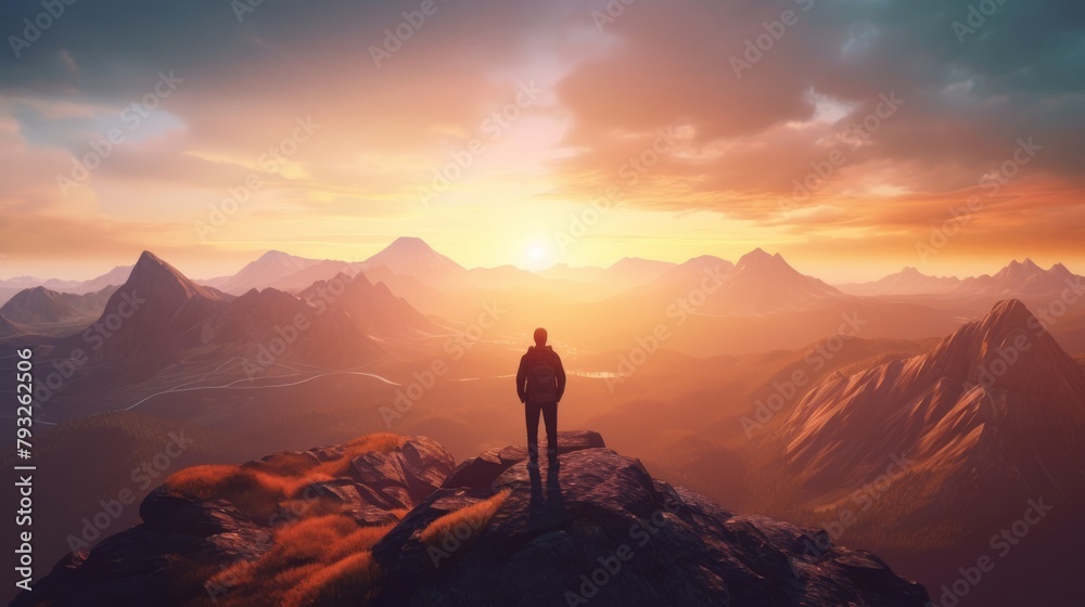 A man standing on top of a mountain as the sun sets. Goals and achievements concept photo composite. Concept vision, Hiker looking mountain and enjoying sunrise. High quality photo