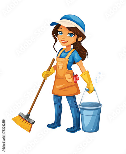 Vector of a smiling cleaning service professional with a broom and bucket, geared up for tidying. Generative AI