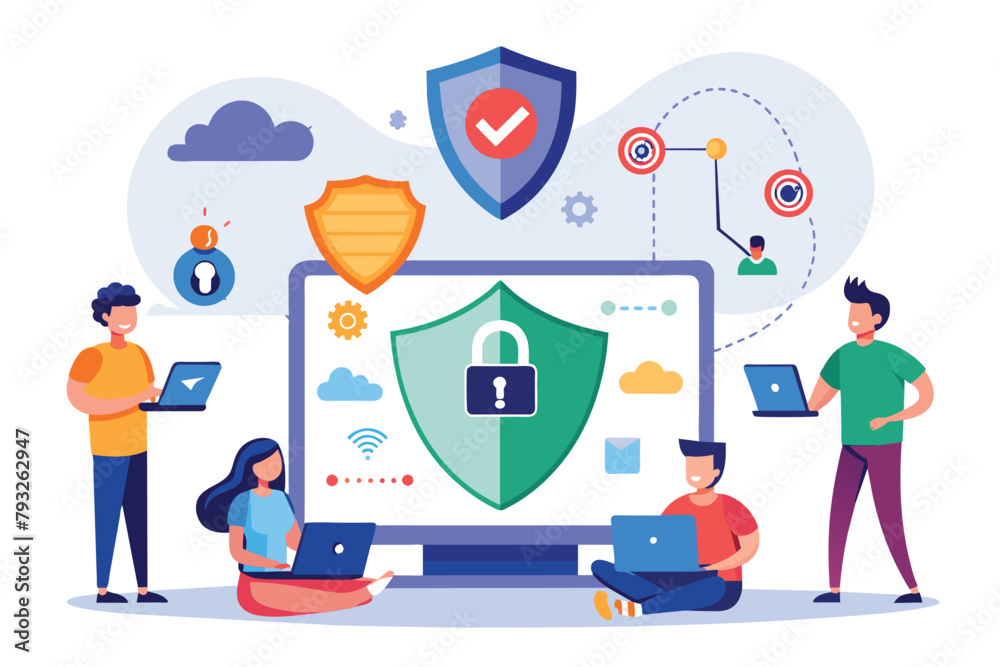 People Examining Computer Screen With Padlock, People using vpn technology system to protect concept, Simple and minimalist flat Vector Illustration