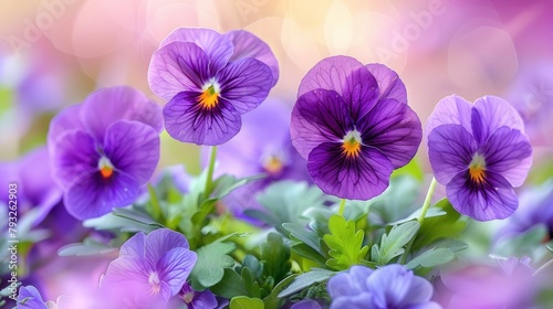   A pot with purple flowers and green leaves  situated before a blurred background