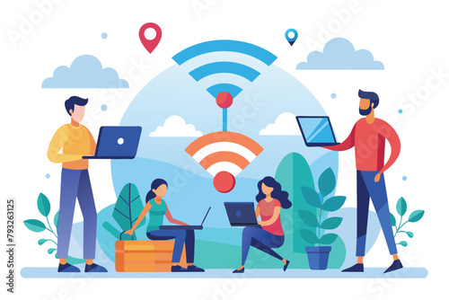Group of People Sitting Around Table With Laptops, people using wireless network, Simple and minimalist flat Vector Illustration