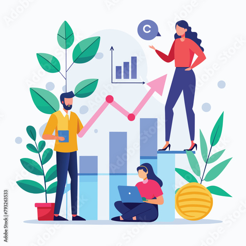 A man and a woman standing in front of a growth chart, analyzing data together, people who analyse growth charts, Simple and minimalist flat Vector Illustration