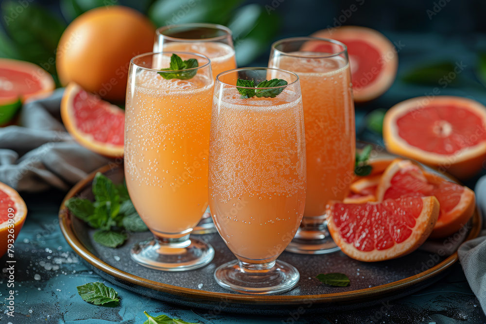 A tart and tangy grapefruit mimosa, combining sparkling wine with fresh grapefruit juice for a citrusy twist on a classic brunch beverage. Concept of brunch indulgence. Generative Ai. - obrazy, fototapety, plakaty 