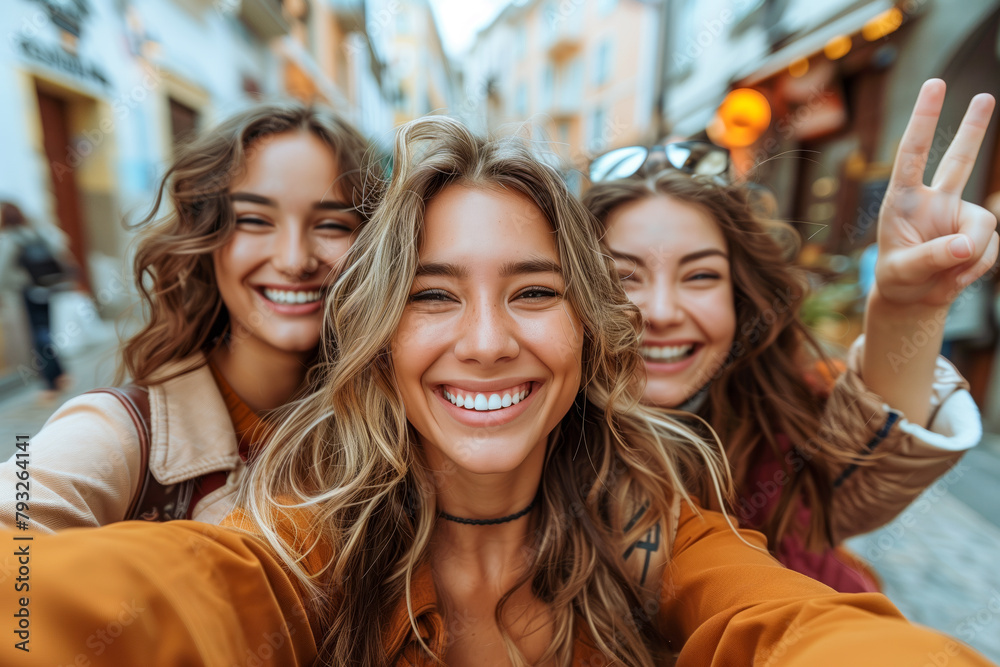 Joyful Friends Taking a Selfie on a City Street Joyful Friends Taking a Selfie on a City Street