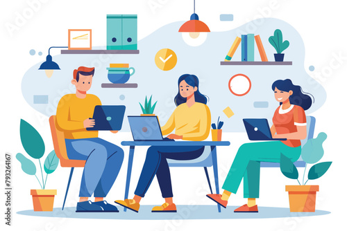 Three individuals are seated at a table, each focused on their laptop screens as they work together, People work from home, Simple and minimalist flat Vector Illustration