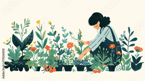 Woman takes care of and cares for indoor plants in pots. Flat illustration