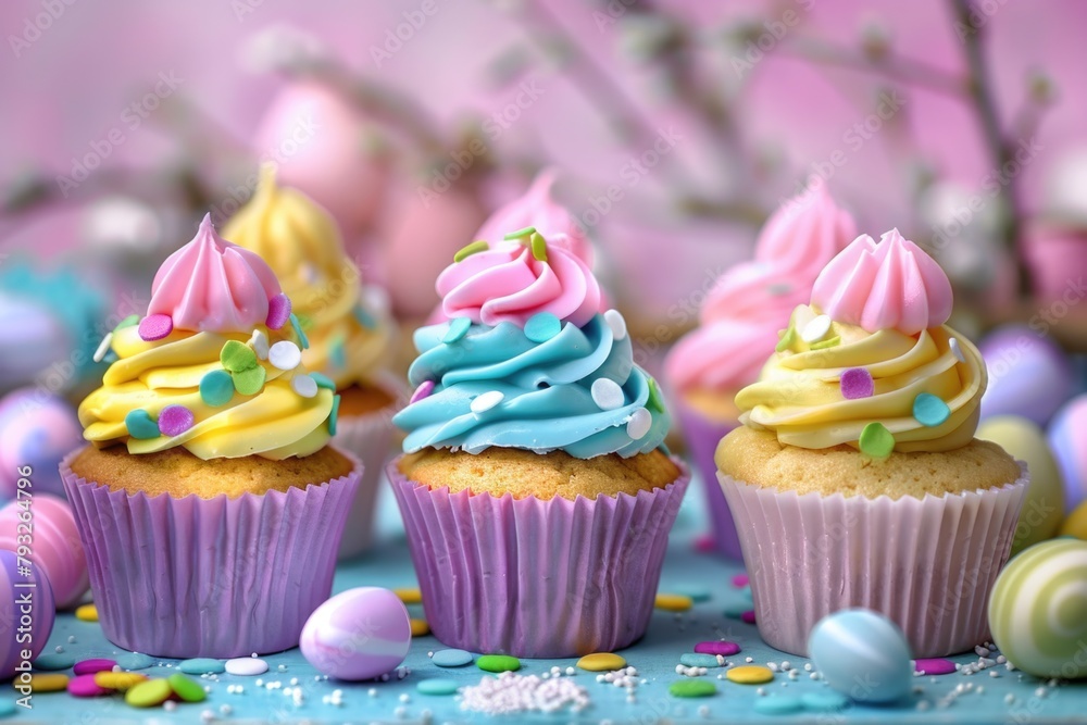 Delicious cupcakes with colorful frosting on a decorated table. Perfect for bakery or dessert concept