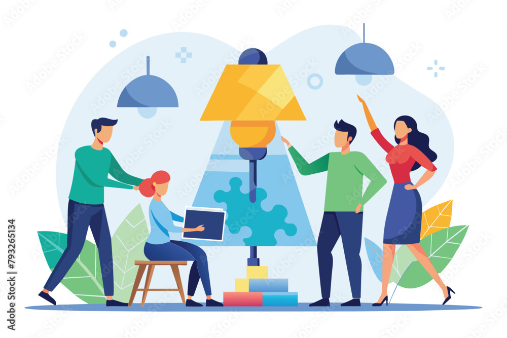 A group of people gathered around a standing lamp in a room, possibly working together on a task, Three people work together to put together a puzzle, Simple and minimalist flat Vector Illustration