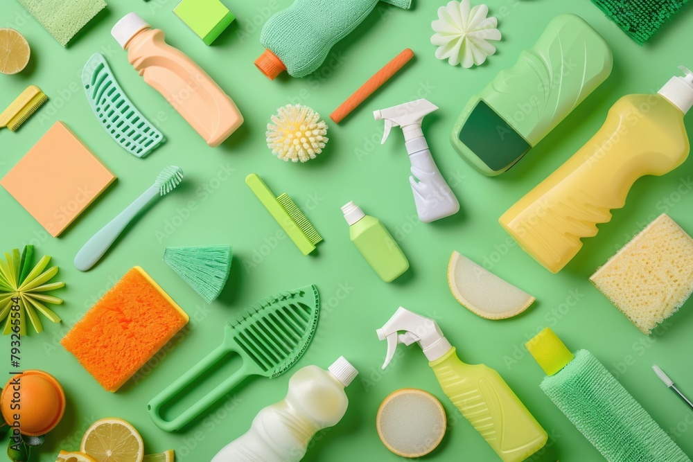 A variety of cleaning supplies on a green surface, perfect for household cleaning advertisements A variety of cleaning supplies on a green surface, perfect for household cleaning advertisements