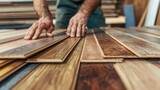 A man is seen working on a wood floor. Ideal for construction or renovation projects