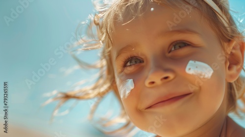 Little girl with sunscreen on her face, skin care, sun protection, UV protection, vacation, holidays. Generative AI