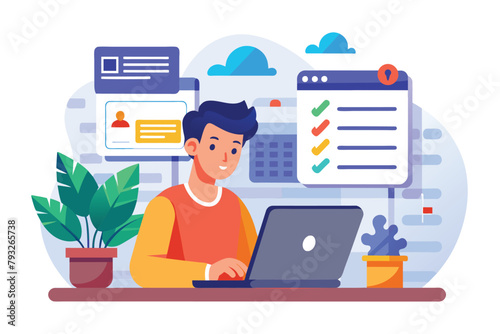 A man is sitting in front of a laptop computer engaging in data entry tasks, Perform data entry trending, Simple and minimalist flat Vector Illustration