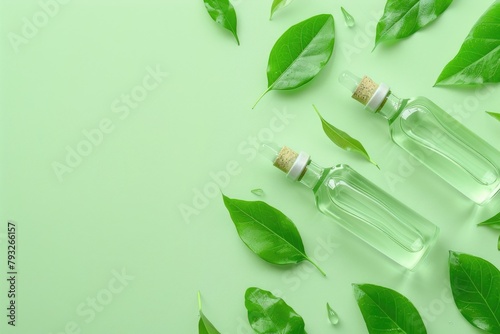 Two bottles of water with fresh green leaves on a green surface. Suitable for eco-friendly and healthy lifestyle concepts