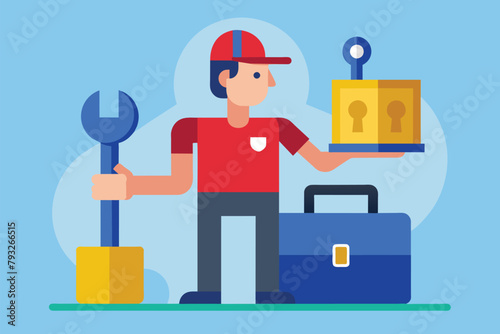 A man is holding a box and a wrench, Person with wrench and lock box, Simple and minimalist flat Vector Illustration