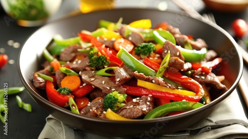 delectable stir-fry beef dish, glistening with savory sauce and sprinkled with sesame seeds, pairs the rich flavors of Asian cuisine with the freshness of julienne vegetables,
