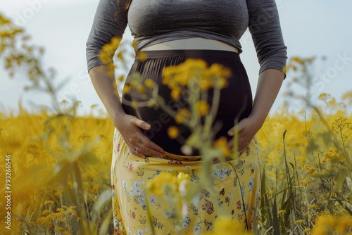 A pregnant woman standing in a field of yellow flowers. Perfect for maternity or nature-themed designs
