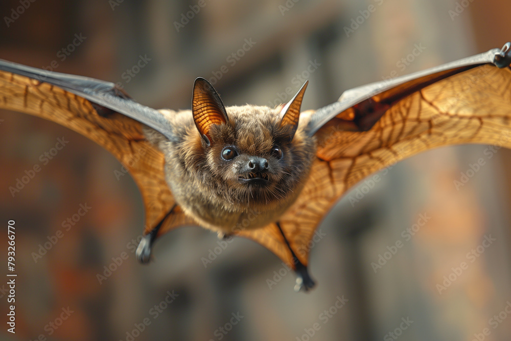 Obraz premium small bat in flight close-up on a blurred natural background