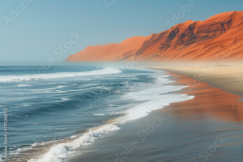 deserted ocean coast with sand dunes and fog photo