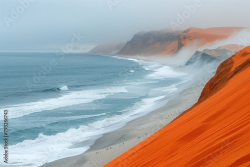 top view of foggy sea coast from high sandy shore