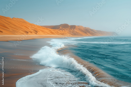 deserted ocean shore with sand dunes and fog photo