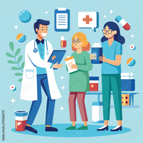 Pharmacists Standing Around Patients, Pharmacists with prescription drugs for patients, pharmaceutical industry, Simple and minimalist flat Vector Illustration
