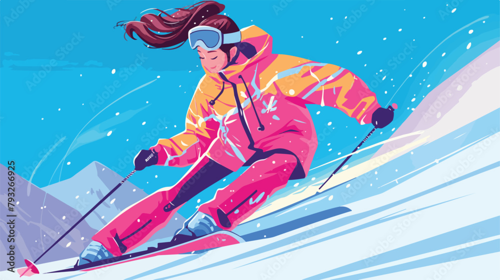 Vector glamour young girl on skis in pink waterproo