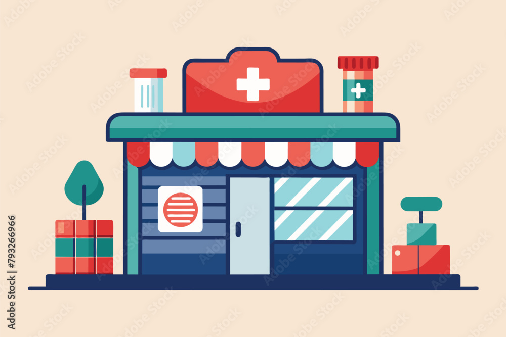 A simple store with a red cross symbol on top, indicating its likely a pharmacy, Pharmacy trending, Simple and minimalist flat Vector Illustration