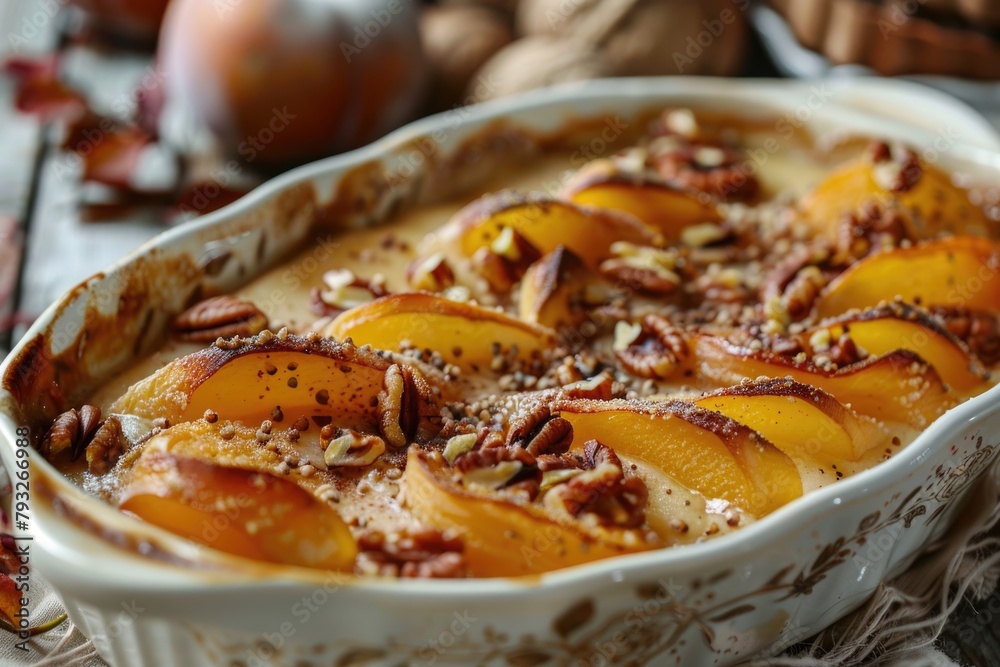 A delicious casserole dish with peaches and pecans. Perfect for recipe websites or food blogs