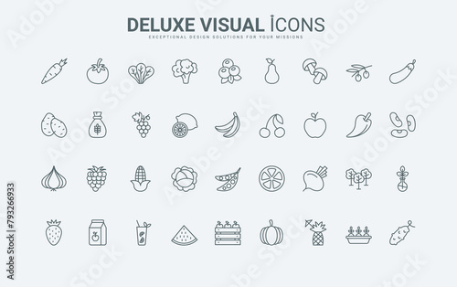 Fresh organic farm harvest, grocery product in wood box, vitamin vegetarian mix for salad and juice thin black and red outline symbols, vector illustration. Vegetables and fruits line icons set