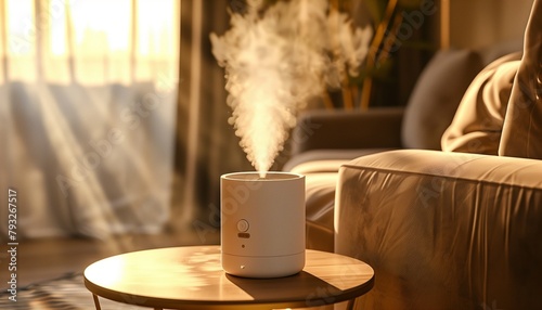 Cozy Home Comfort: Elegant Humidifier Spreading Steam for Air Quality Enhancement - High-Definition Indoor Lifestyle.