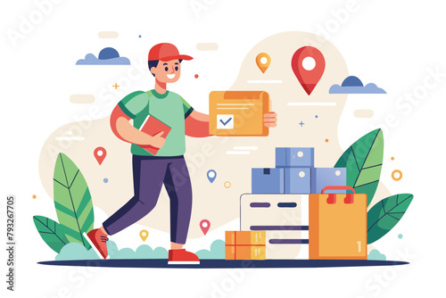 A man carrying a box with a check mark symbol on it, Place an order with an express delivery service trending, Simple and minimalist flat Vector Illustration