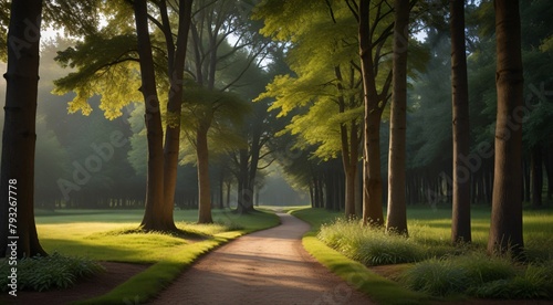 A serene path flanked by tall trees, creating a peaceful and inviting atmosphere for a leisurely stroll.